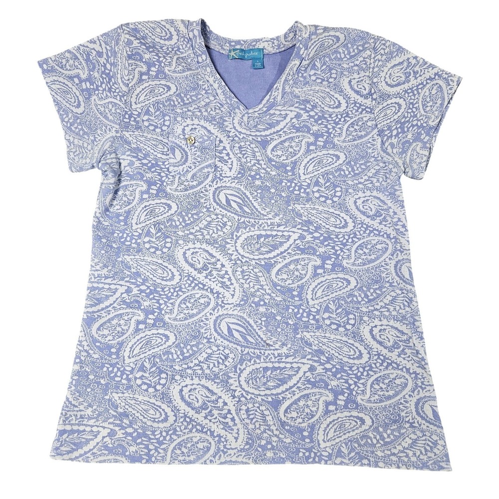 Fresh Produce V-Neck Top Womens Large Blue Paisley Short Sleeve Pocket Tee USA